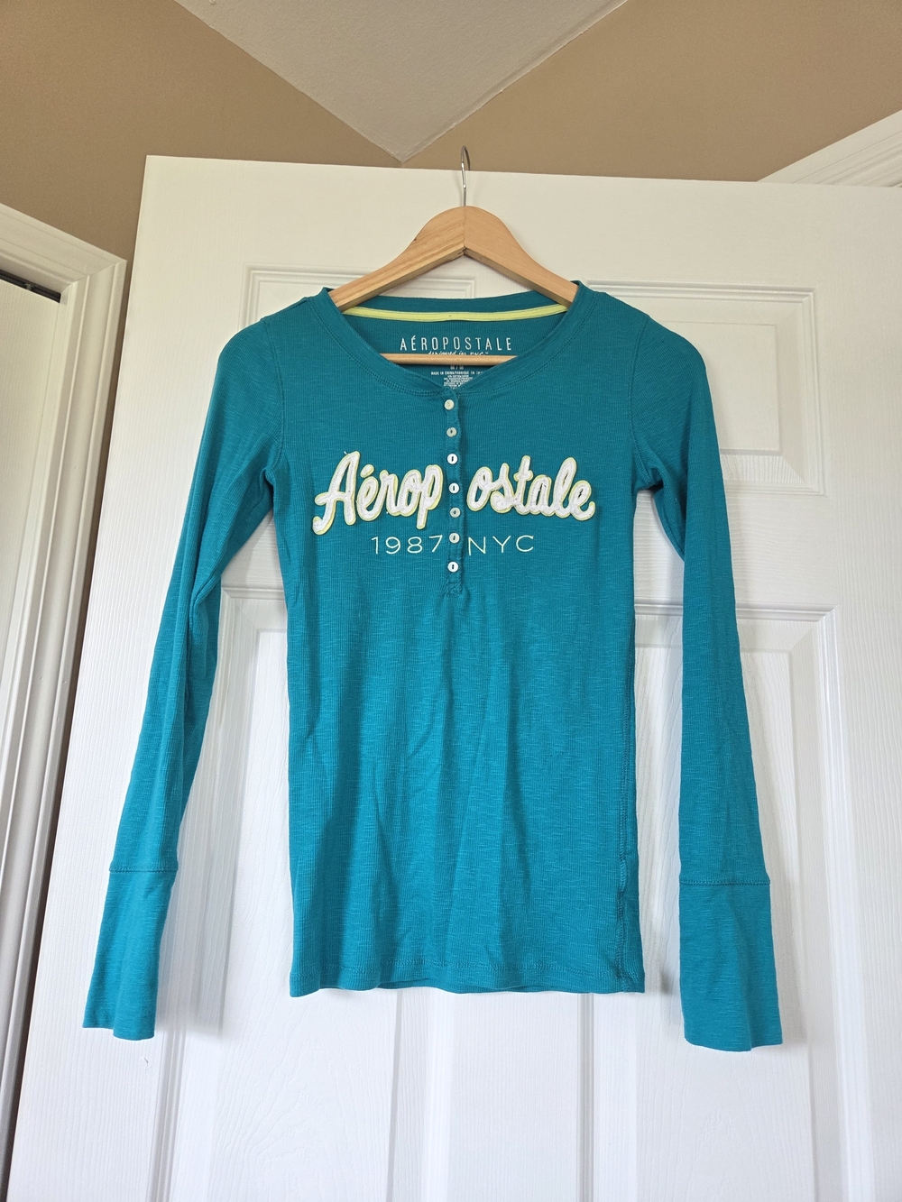 Aeropostale Teal Long Sleeve Henley Top with White Script Logo